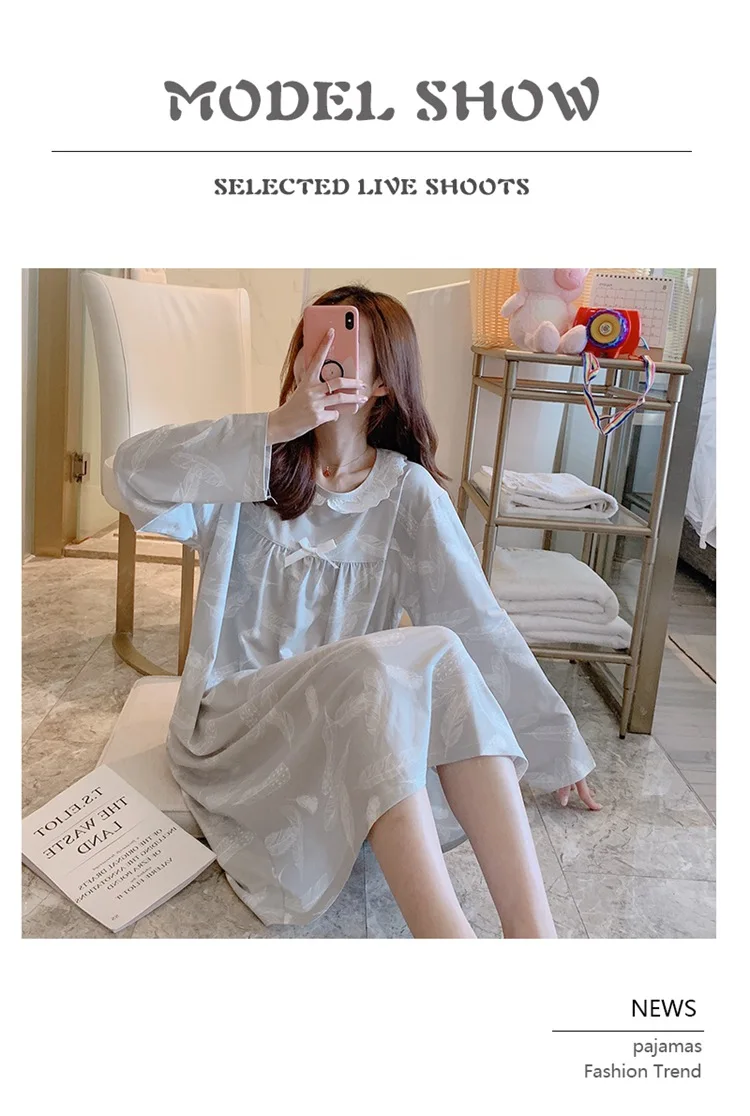 Spring Autumn Casual Plaid Cotton Nightgowns for Women Long Sleeve Loose Night Dress Home Dress Sleepwear Nightdress Nighty