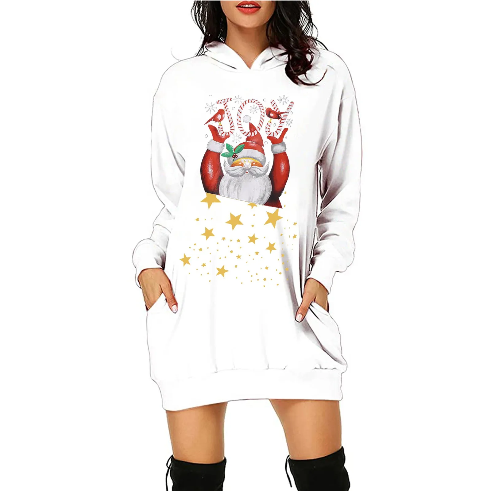 

Women's Christmas Dress Hoodie Bag Hip Pocket Santa Claus Print Hoodie Fashion Female Bodycon Dress Christmas Clothing Dresses