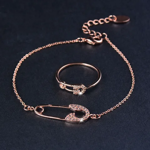 SINLEERY, браслет-цепочка и кольца в форме Φ, цвет розового золота, аксессуары