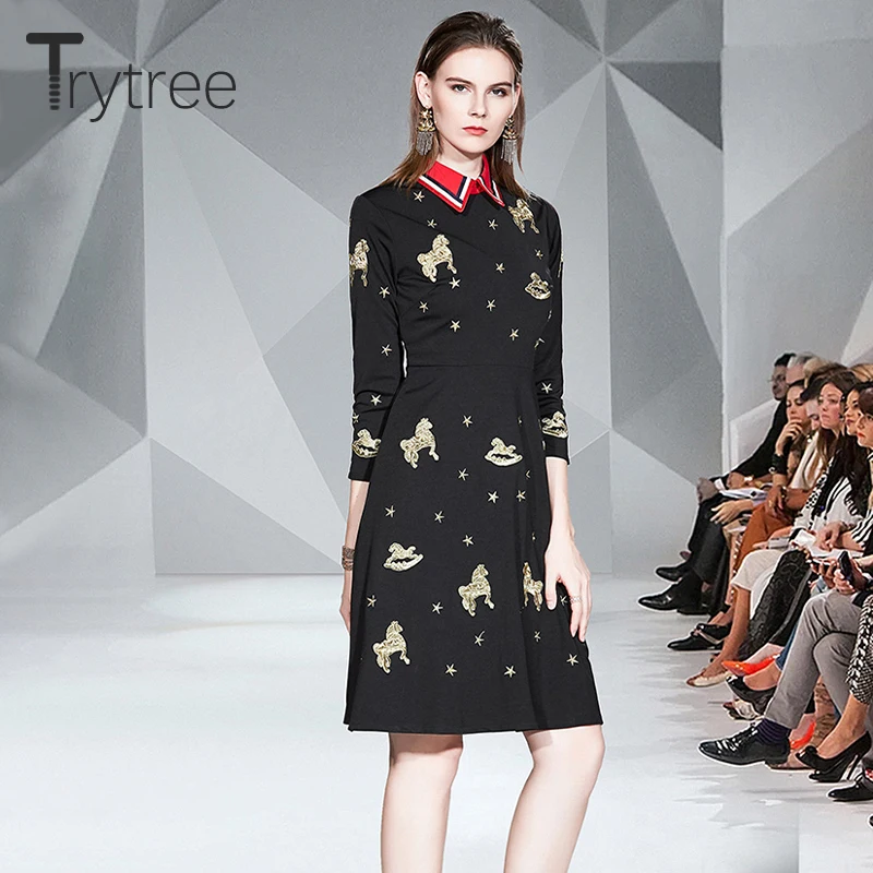 Осень зима 2020 повседневное женское платье Trytree с отложным воротником
