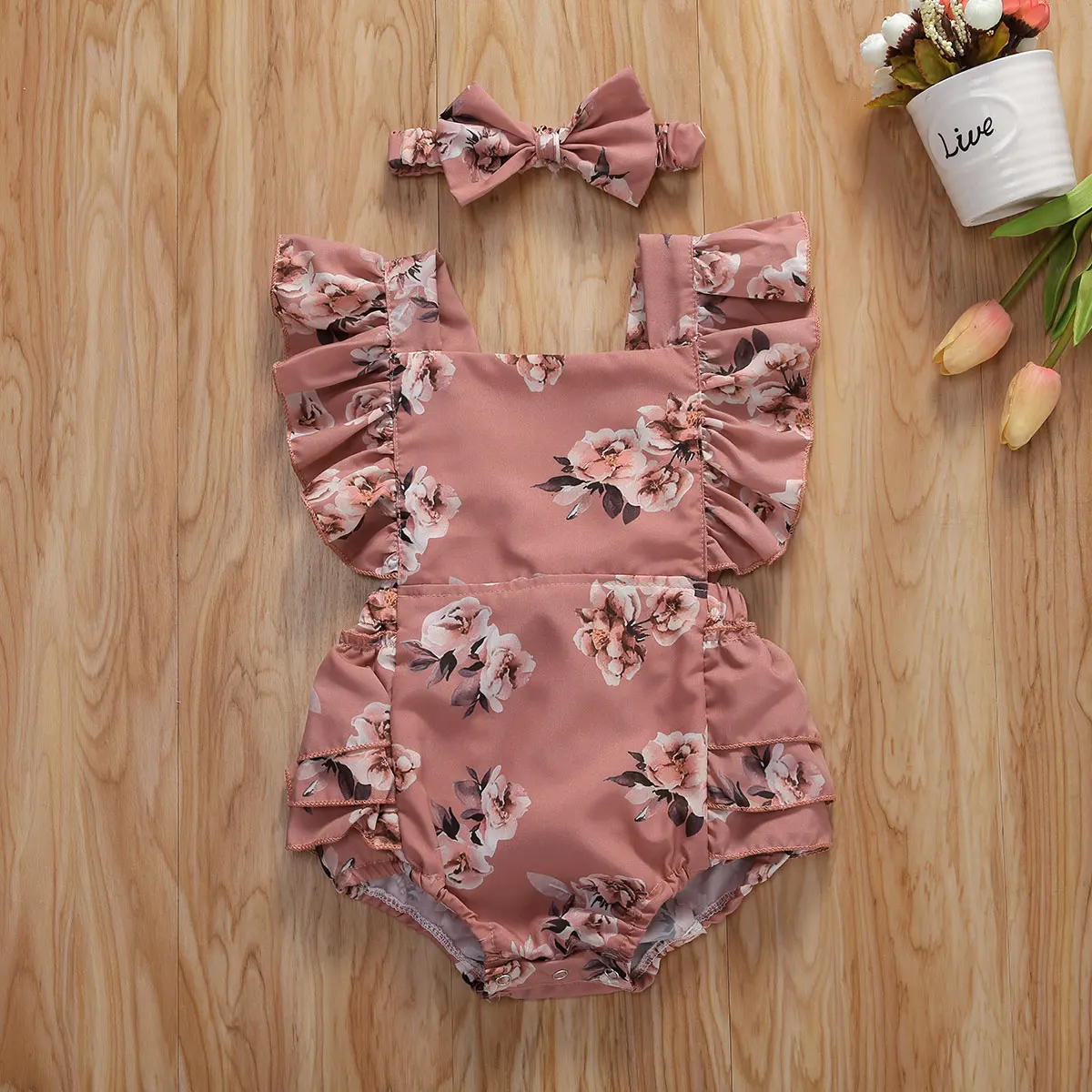 Ropa de verano para beb&eacute;, pelele Floral para reci&eacute;n nacido, monos sin mangas con volantes y diadema-1