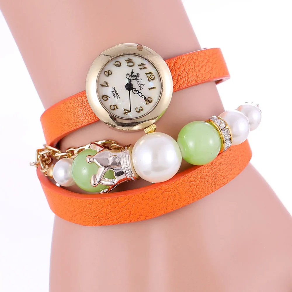 Модные роскошные женские часы со стразами и жемчугом с кожаным браслетом корпус