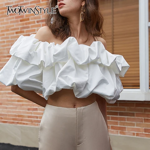 TWOTWINSTYLE White Sexy Short Tops For Women Slash Neck Puff Sleeve Ruched Blouse Female New Clothing 2021 Stylish Fashionable