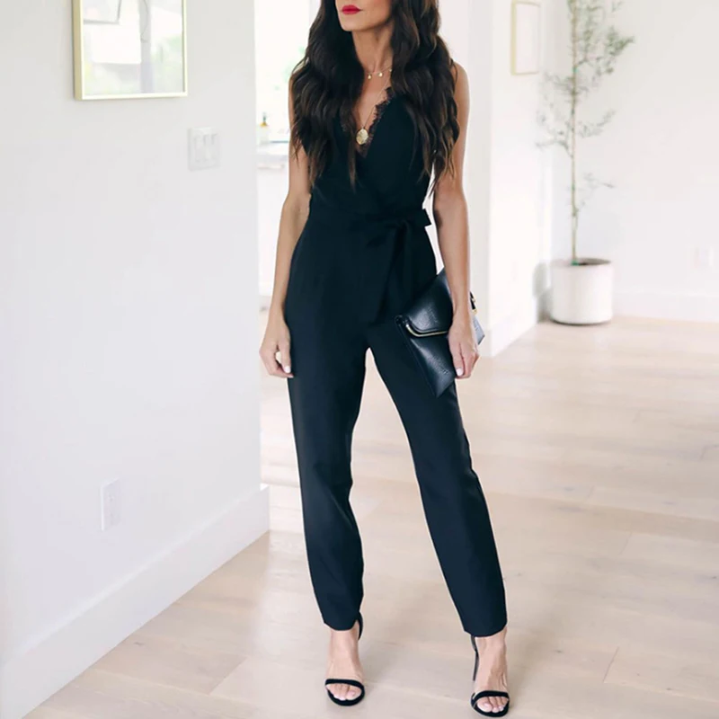 

Fashion Lace Women Jumpsuit With Belt Sleeveless 2021 Summer New Casual V-neck Solid Women Black Jumpsuits Fashion Female Pants