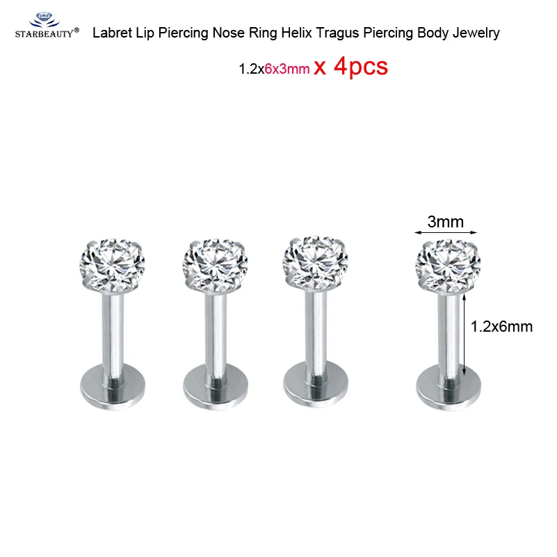 Gem 1.2x6x3mm 4 шт. 16G 6/8/10 мм с украшением в виде кристаллов Лабрет пирсинг для пупка губ нос кольцо ноздрей, пирсинг ореха спирали пирсинг уха носа из нержавеющей стали, серьги - Окраска металла: Gem 1.2x6x3mm