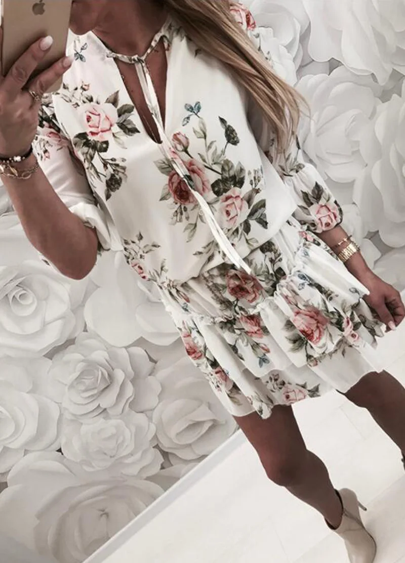 Женское платье больших размеров с цветочным принтом для кэжуал-стиля на длинных рукавах - Роупа Феминина.