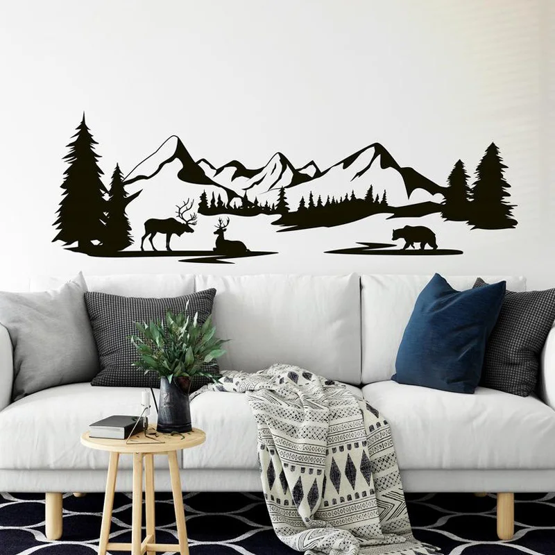 

Woodland Wall Decal Pine Tree Mountain Bear Moose Forest Wall Vinyl Sticker Mountain Landscape Decal Nursery Room Decor 2190