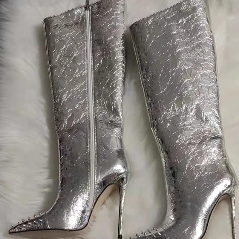 Women Boots Reflective Crack Leather Upper High Heel Boots Fashion Rivets Pointy Toe Plus Size 47