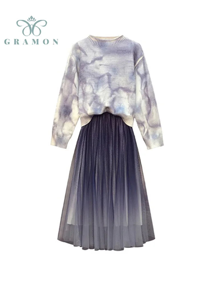 

Oversized Fall Winter Outfits For Women Long Sleeve Knitted Sweater + Long Gauze Skirt Plus Size 2 Piece Sets 2021 New Conjuntos