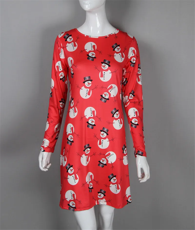 Осенне-зимние рождественские платья с круглым вырезом и длинными рукавами, повседневные платья с принтом снеговика вечерние платья, уличная одежда большого размера, свободное мини-платье - Цвет: 2212 Red