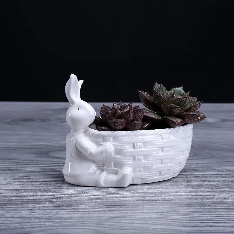 

Rabbit with Basket Shape Flower Pot Succulent FlowerPot Bonsai Pots Green Planters Desktop Decor Home Gardening Plants Potted