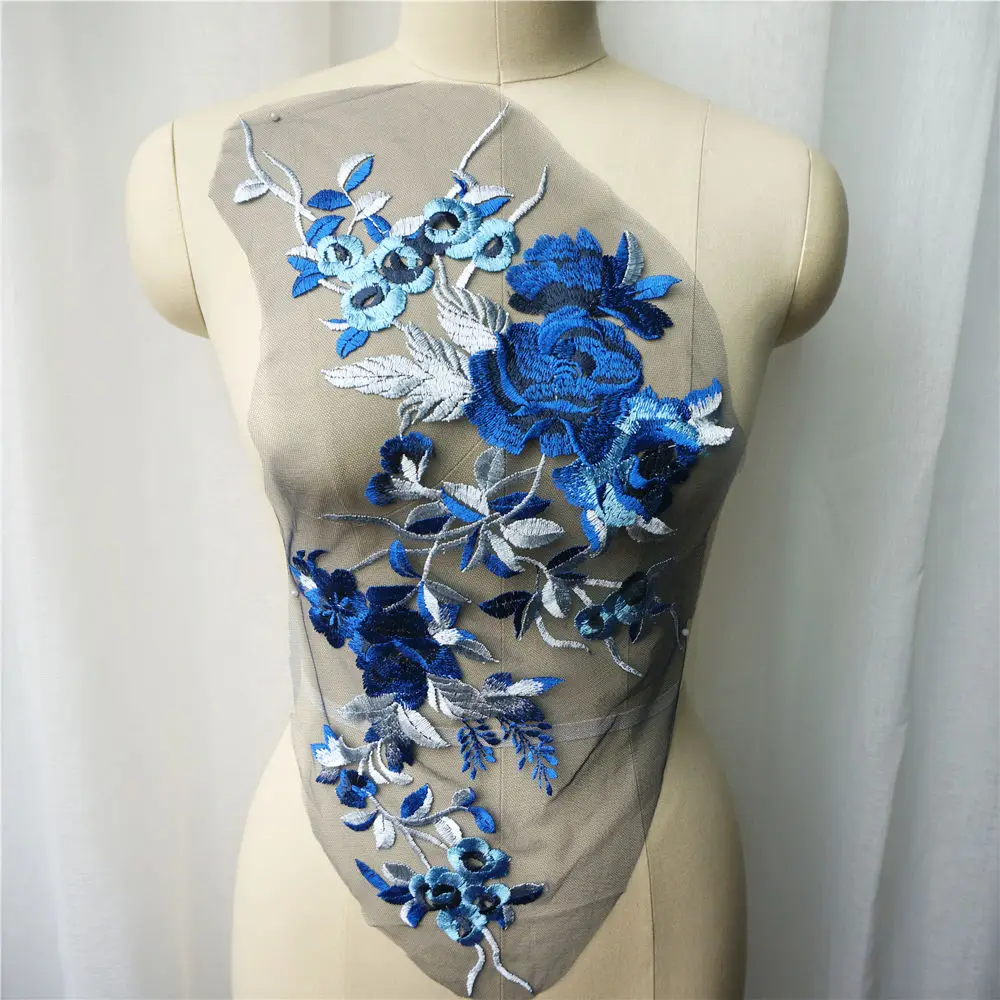 Синяя коричневая красная серая вышитая Цветочная кружевная ткань аппликации