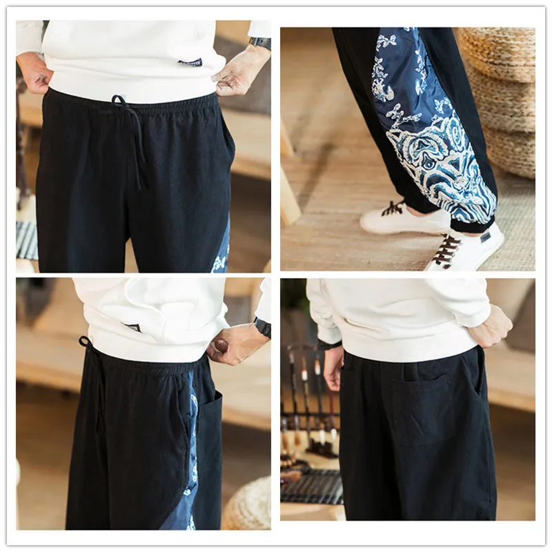 JDDTON мужские хлопковые и льняные свободные брюки с боковым принтом Стильные