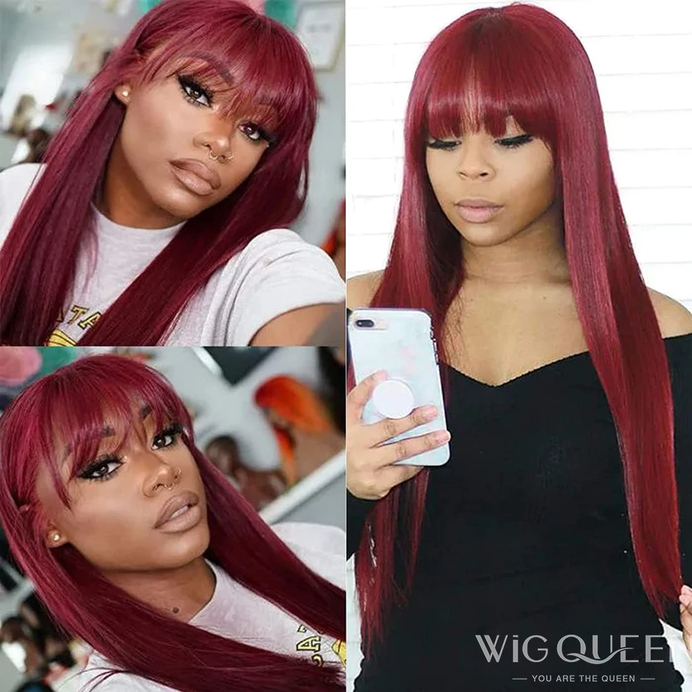 99J Burgundy Red Human Hair Wig With Fringe For Women Straight Brazilian Remy Hair Bob Wigs With Bangs Dark Brown Balayage Color