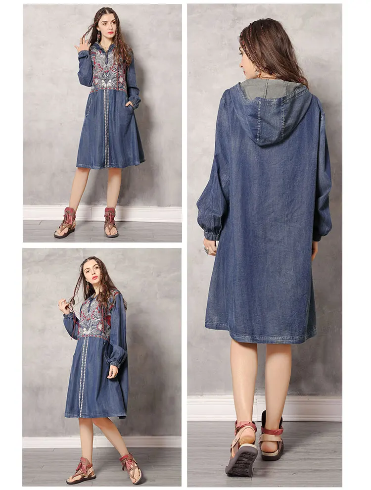 Тренч Yuzi. Мая Boho новые женские джинсовые куртки с капюшоном винтажные длинные пальто на молнии с вышивкой B9286 Casaco Feminino