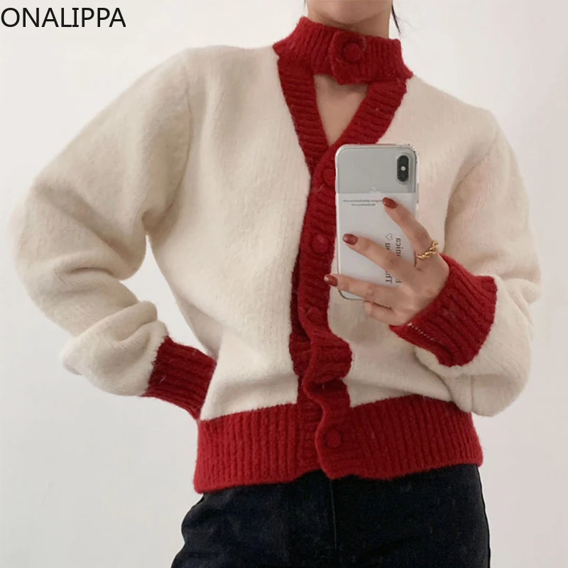 

Женский вязаный кардиган Onalippa, нишевой дизайн, полувысокий воротник, подходящий цвет, Свободный теплый свитер с длинными рукавами, Женская ...