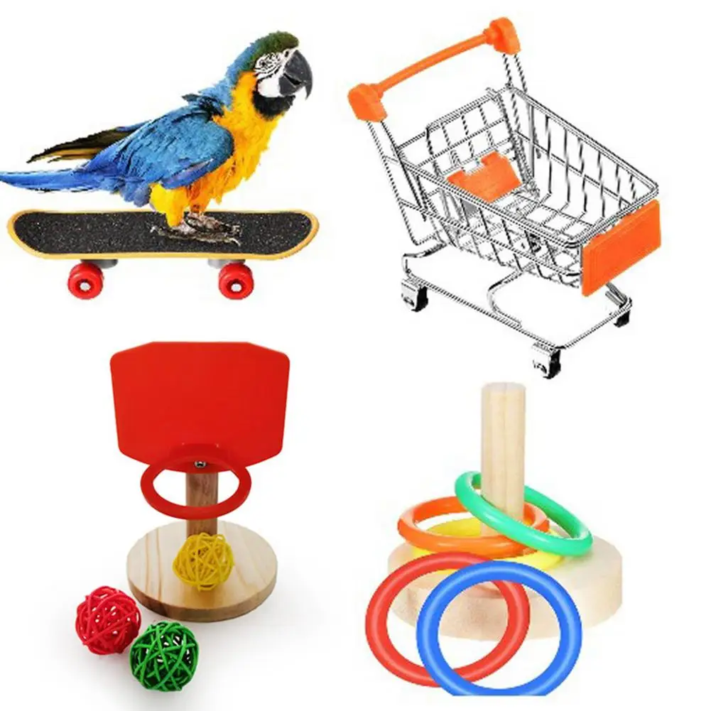 

4pcs/set Parrot Toy Chewing Training Interactive Mini Shopping Cart Skateboard Basketball Hoop Playing Toys Cart Toss Ring Toys