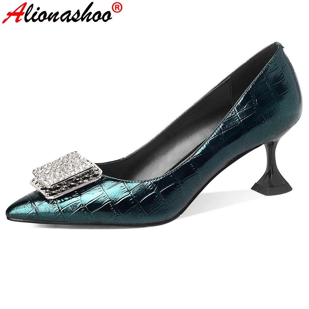 

Aliona Shoo Crystal Women's Shoes Genuine Leather Stiletto Heels Pumps Sexy Rhinstone Night Club Office Lady Shoes Woman Heels