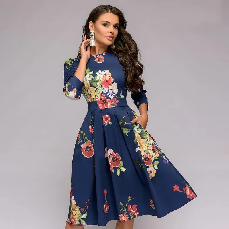 

Women's Printed Blue Round Collar Elegant Pleated Slim Party Hot Summer Sukienki Women Long Sleeve Dress Dresss