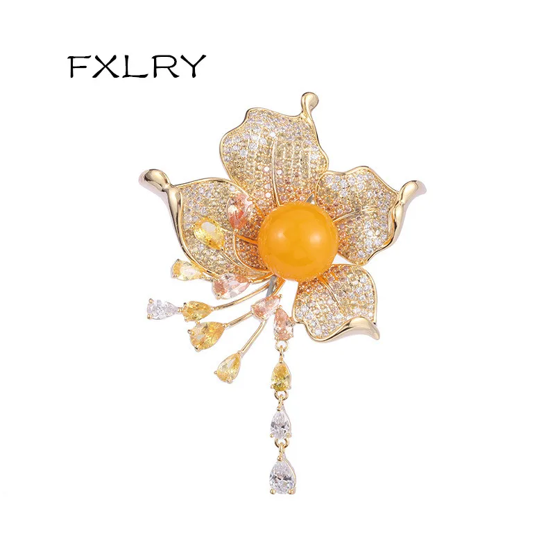 

Женская брошь в форме цветка FXLRY, с цирконом, жемчугом и кисточками, вечерние велирное украшение для пиджака
