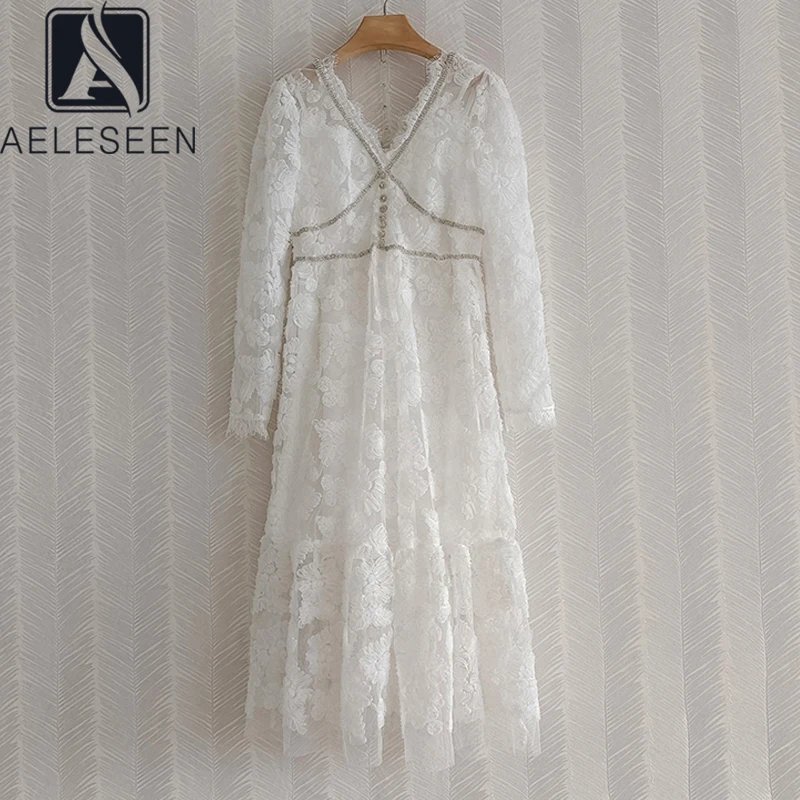 

AELESEEN Sexy V-Neck Floral Appliques Mesh Lace Dress Runway Fashion White Long Beading Crystal Tunic Elegant Party Dresses