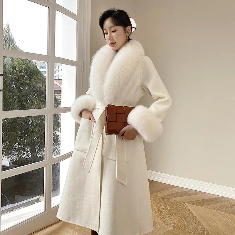 

Женское длинное кашемировое пальто, уличная кашемировая куртка с воротником из лисьего меха, зимний сезон 2021