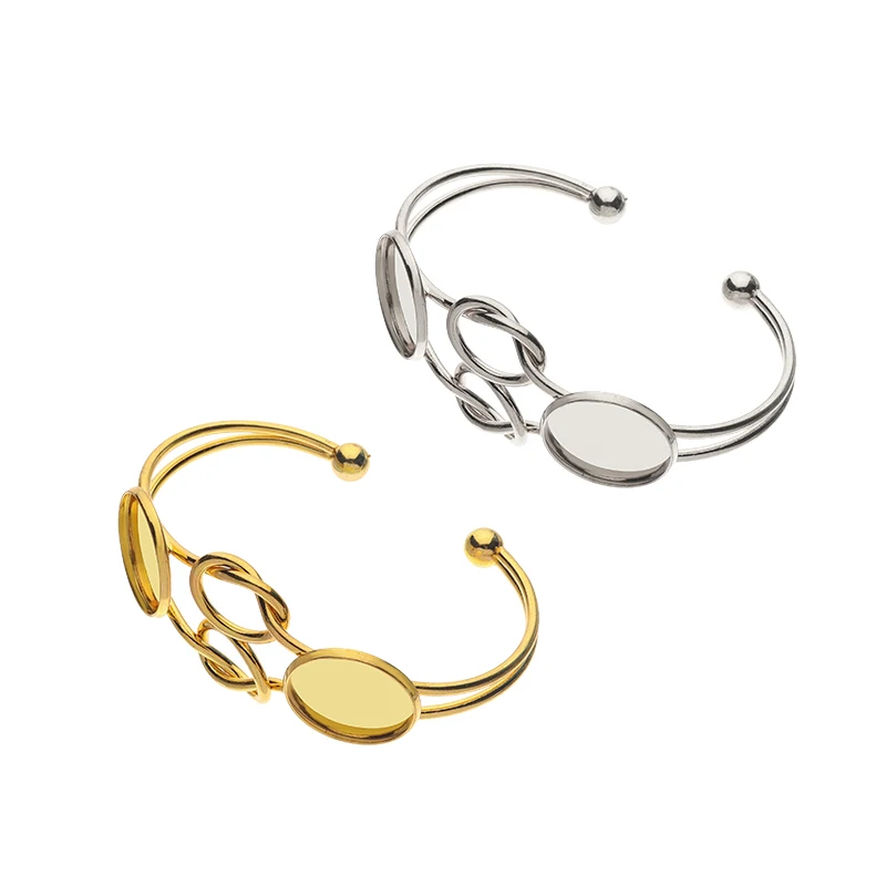 

2pcs/lot 20mm Silver Gold Tone Bangles Bracelets Double Round Bow-knot Cabochon Came Settings Tray DIY Jewelry Making Handmade