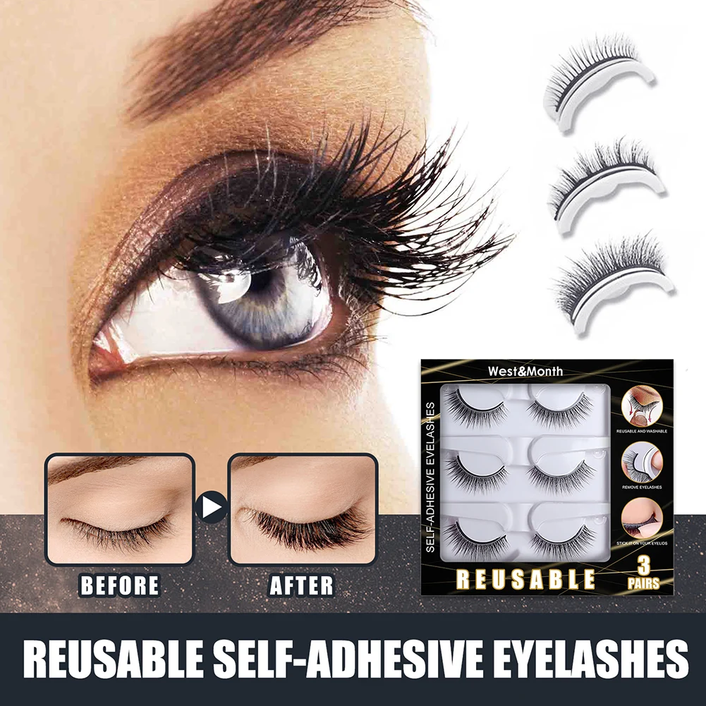 

3 Pairs Self Adhesive False Eyelashes 3D Fluffy Curly Eye Lashes Reusable Fake Mink Extension Eyelashes No Glue Needed