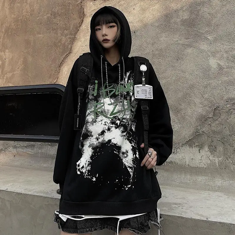 

Black Gothic Sweatshirt Women Autumn Winter Grunge Oversized Streetwear 2021 Anime Letter Print Pullover Punk Alt Clothes Fernan