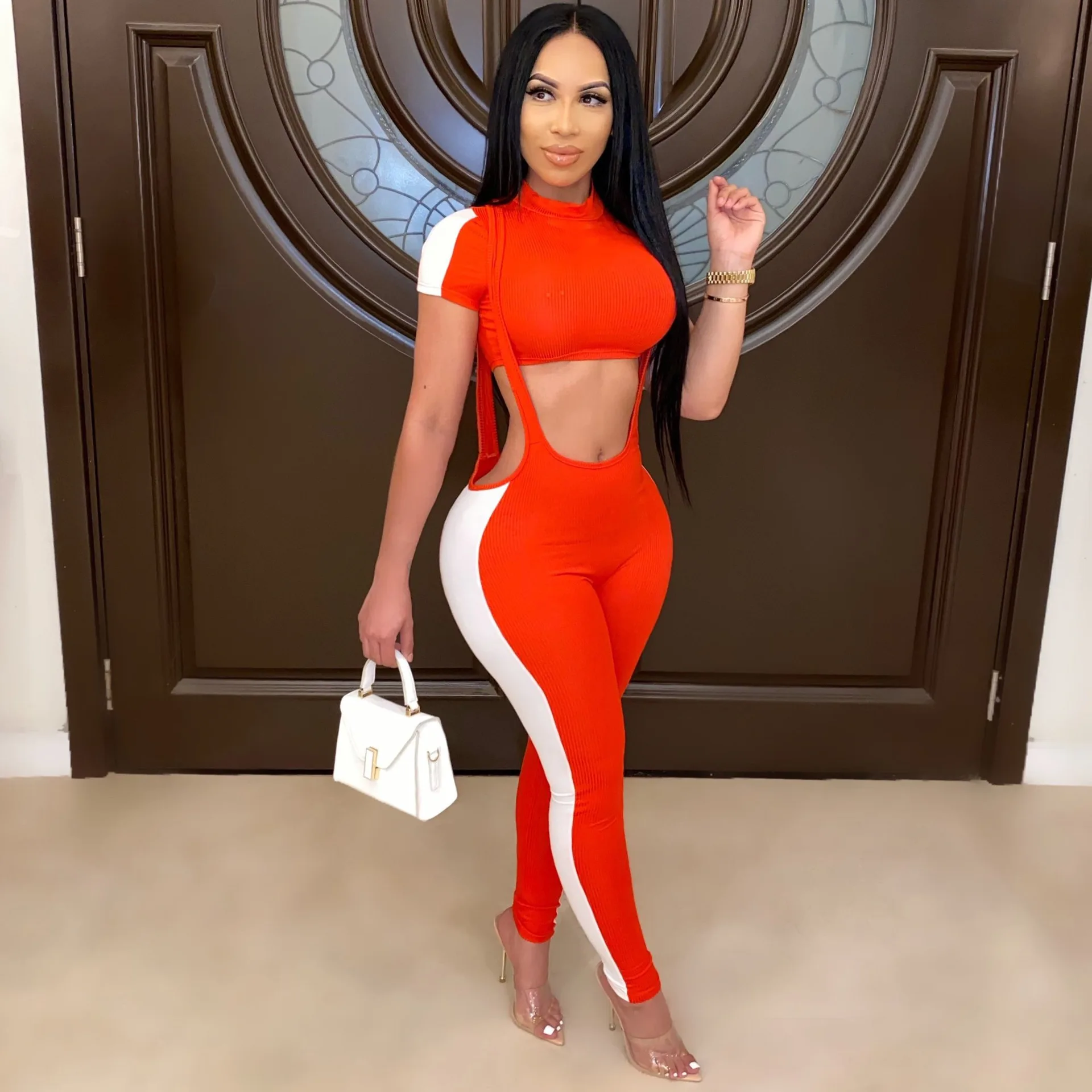 

Fitness Knit Rib 2 Piece Set Summer Lounge Wear Crop Top+ Suspender Pants Sport Matcing Set Tracksuit Women Outfits Overalls
