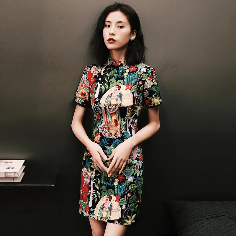 Женское шелковое платье cheongsam с коротким рукавом, Ретро стиль, воротник-стойка, платье cheongsam, цветочный принт, qipao, улучшенное китайское платье