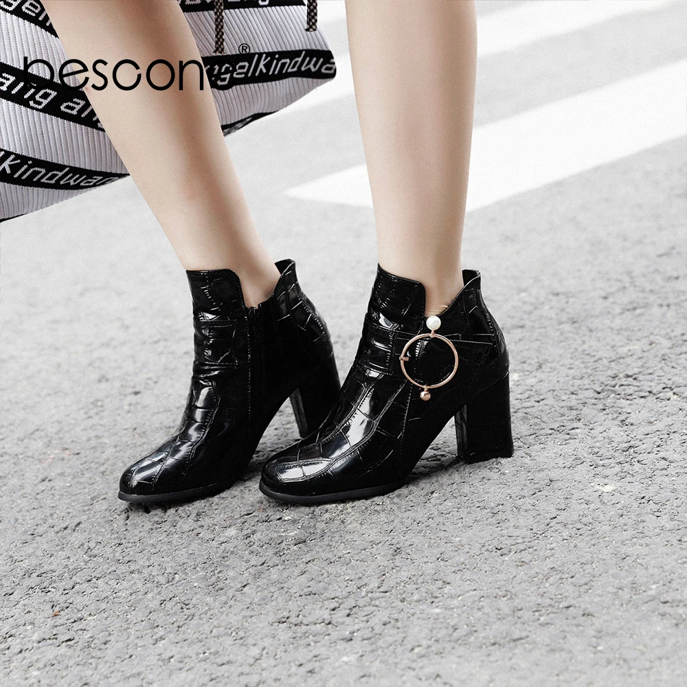 Женские ботильоны с острым носком BESCONE Зимние ручной работы на молнии квадратном