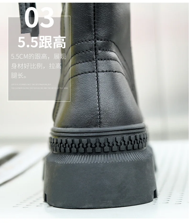 Winter Genuine Leather Chunky Motorcycle Boots Women Autumn Fashion Round Toe Lace-up Combat Military Boots Ladies Shoes