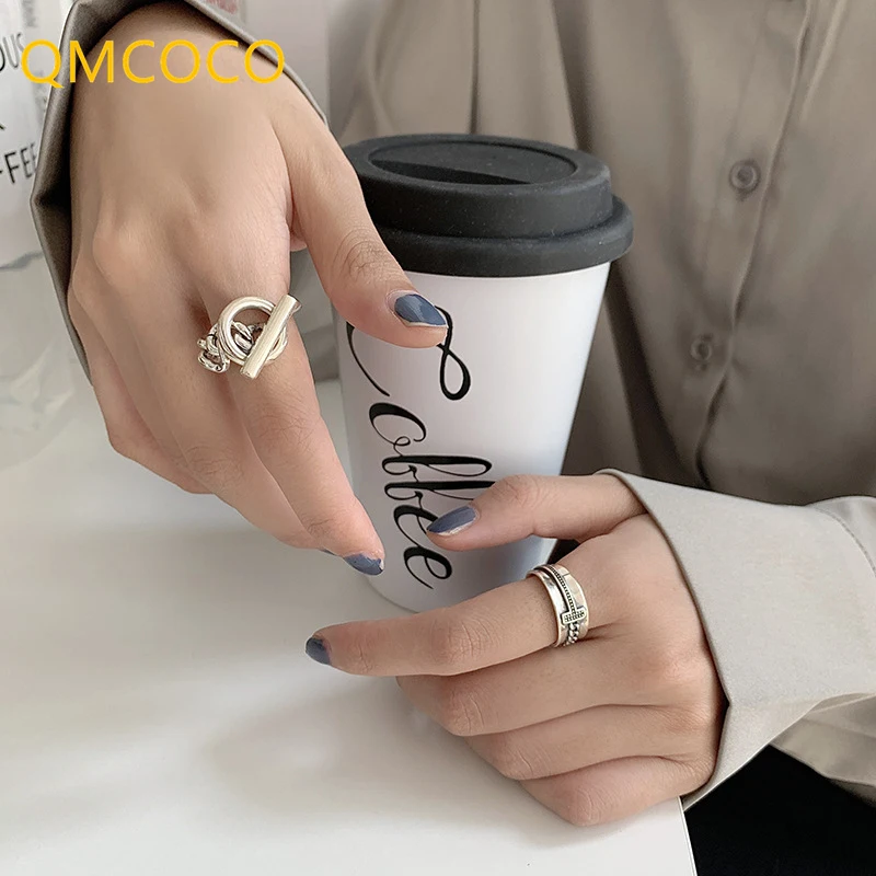 

QMCOCO Minimalist Silver Color Trendy Rings For Women Vintage Punk Thai Silver Width Chain Geometric Party Fine Jewelry Gifts