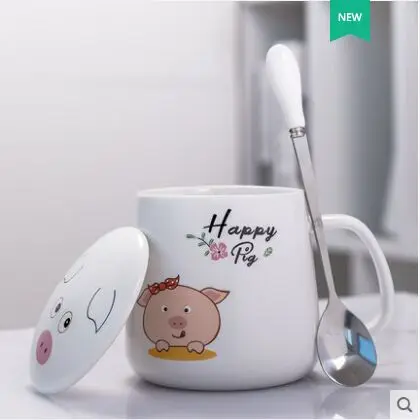 350ML cute pig ceramic mugs breakfast milk cup with lid spoon gift coffee mug handle creative cups | Дом и сад