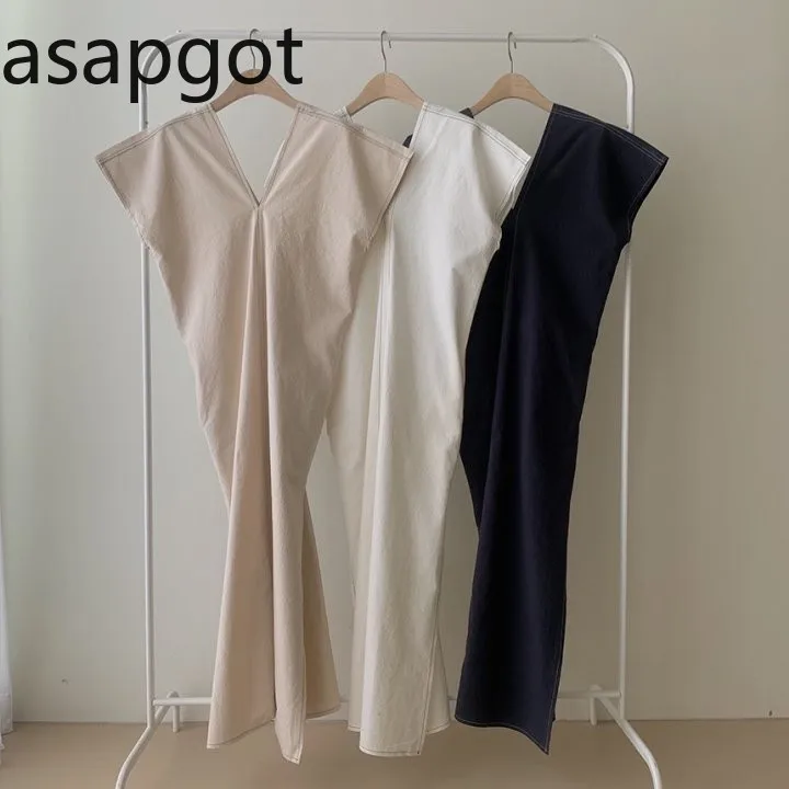 Корейское шикарное винтажное платье в минималистском стиле с V-образным вырезом