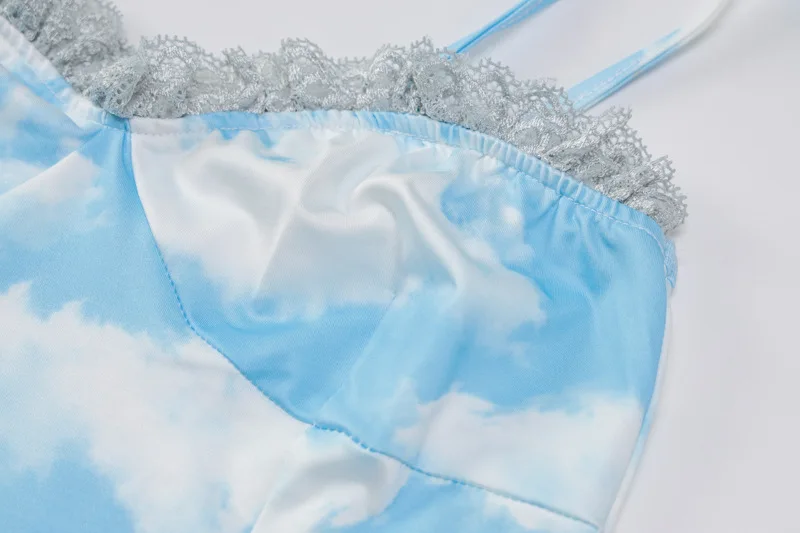 

BacklakeGirls Korean Cute Lace Blue Print Night Dress Women Casual Party Dress Femme Sexy Spaghetti Strap White Nightwear