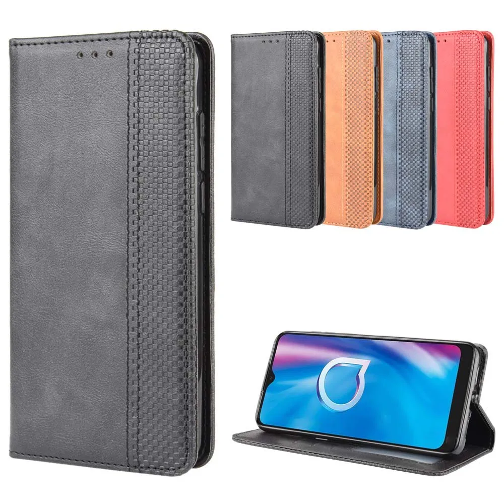 

Leather phone case for Alcatel 1S 2020 / 1V 2020 / 3L 2020 back Cover Flip card wallet with kickstand Retro Coque