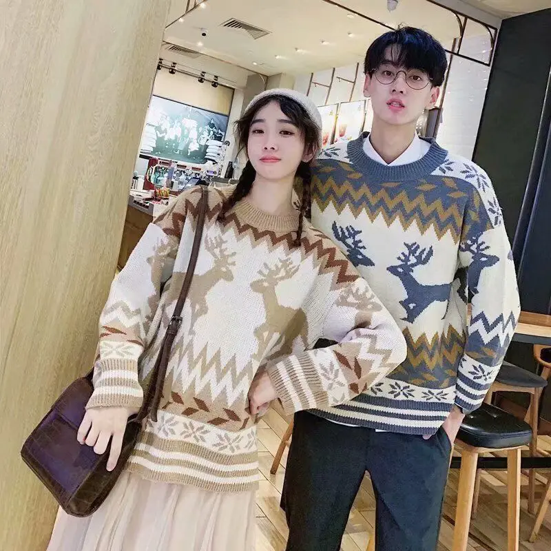 

Men's Christmas Sweater 2021 Autumn Winter Loose Style Couple Knitted Pullovers Japanese Style Santa Claus Elk Pattern Sweaters