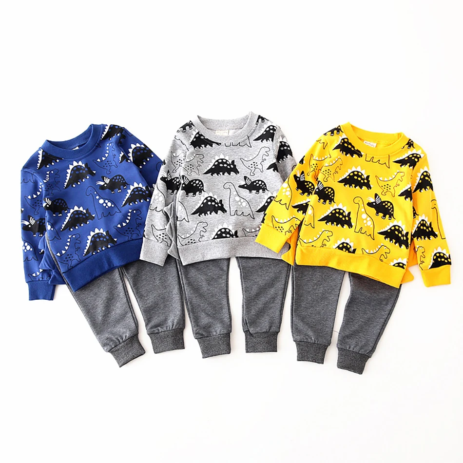 Infants Kids Sports Cute Cartoon Dinosaur Outfit Top+Pants 2 Piece Suit Boys Tracksuit Toddler Girl Clothes Autumn Set