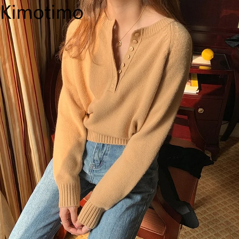

Kimotimo Autumn Sweaters Women V-neck Small Breasted Long Sleeve Pullover Korean Chic Tender Solid All-match Fashion Sweaters