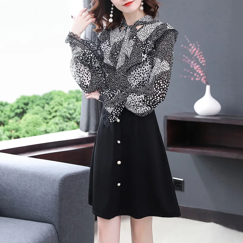 

French Chiffon Dress 2021 Spring and Autumn New Floral Lantern Sleeve Ribbon Lotus Leaf Neck Slim Fake Two-piece Set