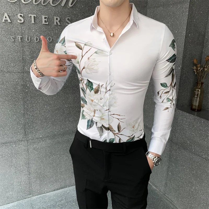 

Рубашка мужская приталенная с цветочным принтом, универсальная Повседневная Клубная смокинг, с длинным рукавом, в Корейском стиле, осень