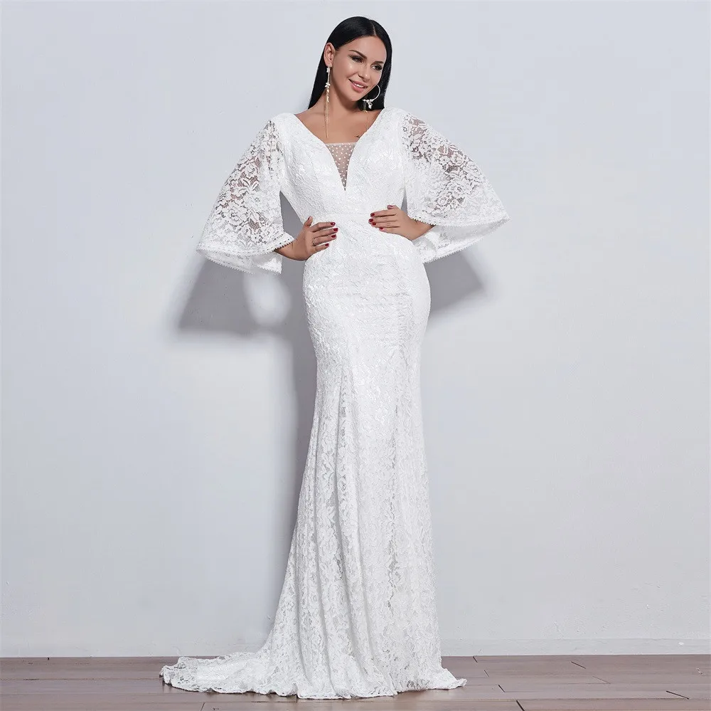 New long sleeve wedding dress Mermaid Flare style lace for Vestido de noiva color | Свадьбы и торжества