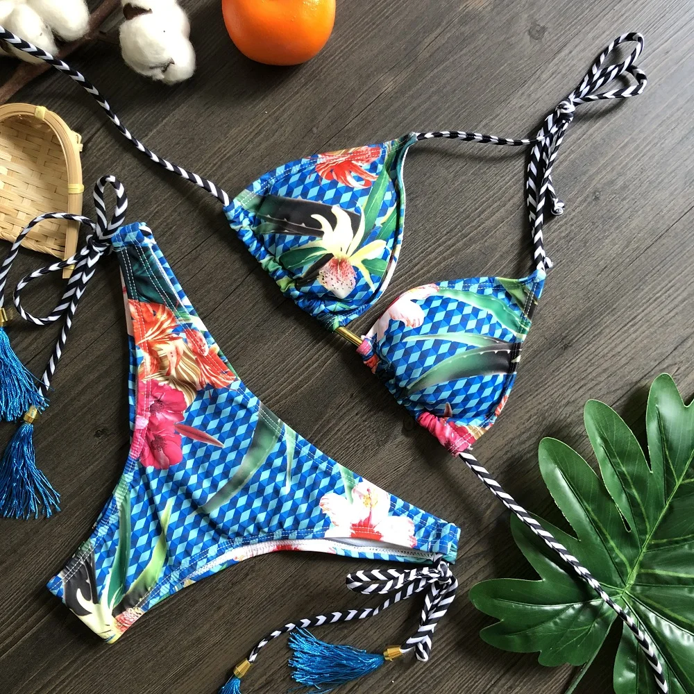 

New Bikini Floral Print Swimsuit Biquinis Feminino Sexy Multi-string Thong Swimwear Bandeau Bikini Set Bathing Suit Women Bikins