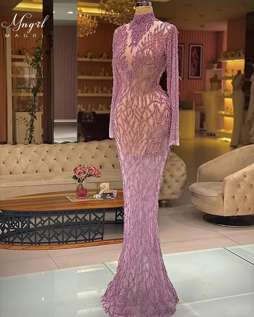 

MNGRL Luxury Evening Dress One-shoulder Long Sleeves Hand-applied Diamonds Glittering 2021 New Evening Dress Party Dress