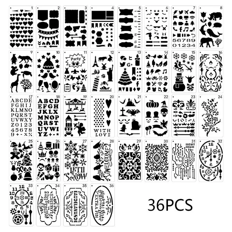 

36pcs/set Journal Drawing Template Stencil Painting Embossing Scrapbooking DIY Diary Decorative Art Craft