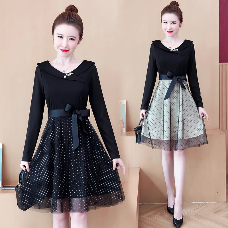 

korean fashion clothing woman party sexy vintage plus big size Women's dresses clothes 2020 spring dot stitch dress female A6121