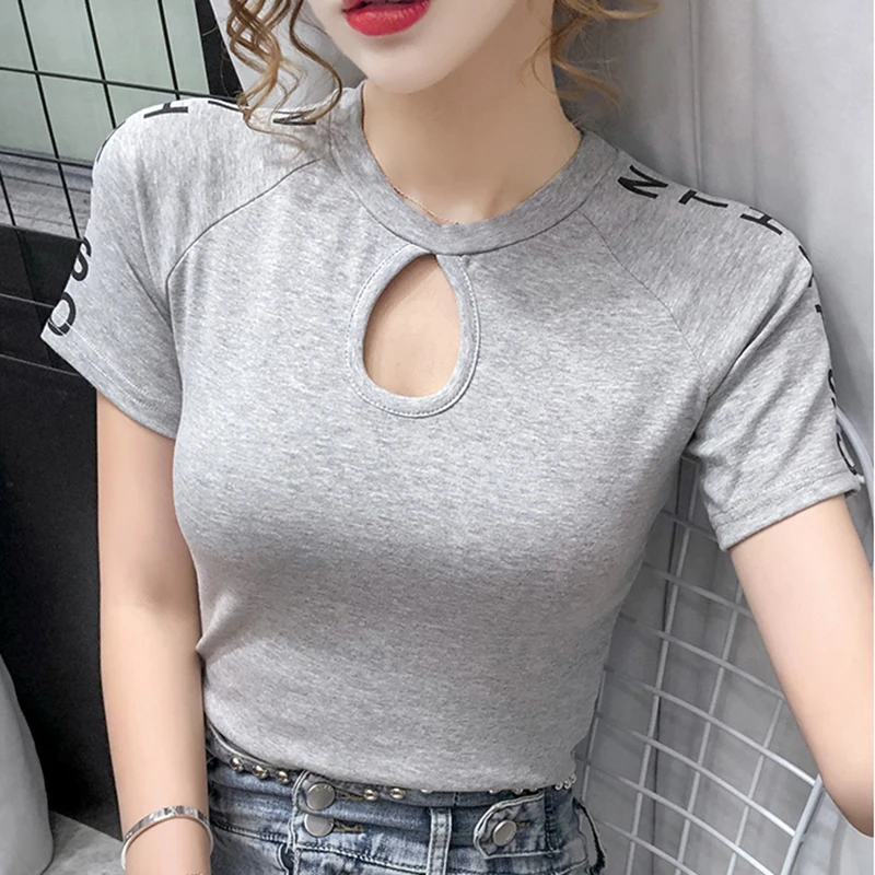 

shintimes Tee Shirt Femme Summer Fashion Letter Printing T-Shirt Women Slim Sexy Hollow Out Tshirts Korean Style Clothes 2020
