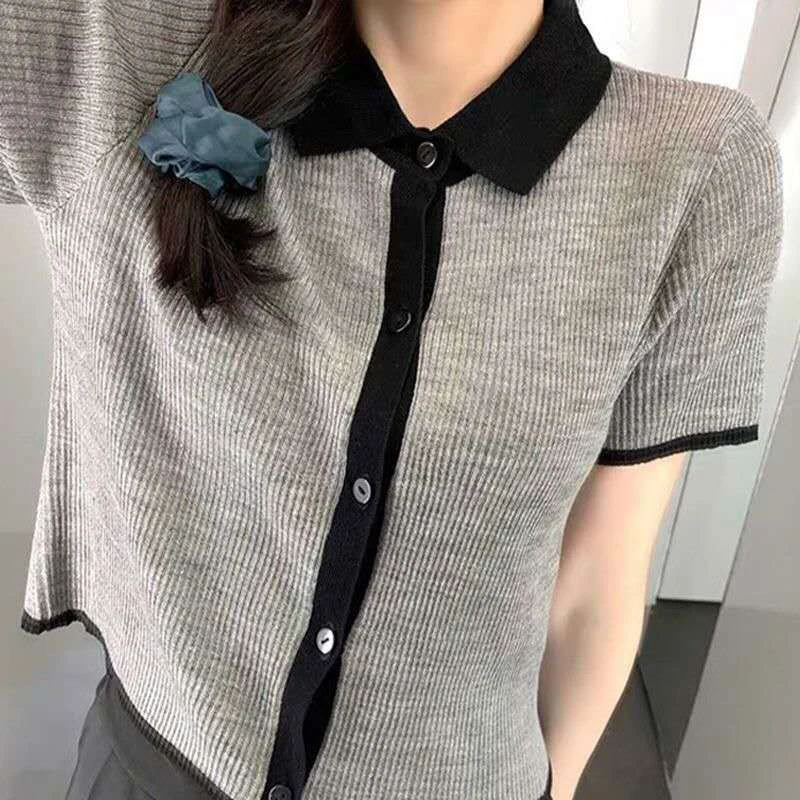 Sexy Oversized Crop Top Women Fall 2020 Knit Ribbed Patchwork Cropped Tee Shirt Button Up Cardigan Egirl Cute Korean Polo Tshirt